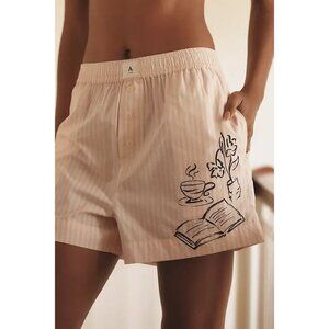 Anthropologie The Wren Boxer Shorts Peach Stripe Book Coffee Floral Detail XL